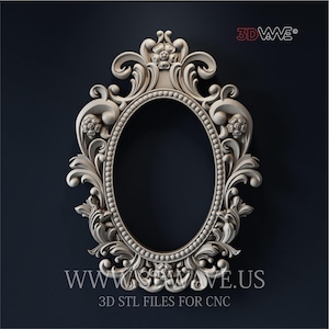 May include: An ornate, oval-shaped, off-white frame with intricate floral and scrollwork details. The frame features a beaded border and is set against a dark background. The text "WWW.3DWAVE.US" and "3D STL FILES FOR CNC" are visible.