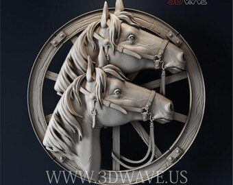 3D STL File: Horses on Wheel | CNC Carving Template | Digital Files