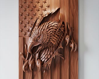 Aquila aggressiva che strappa la bandiera, scultura in legno STL / Decorazione murale patriottica (download digitale)