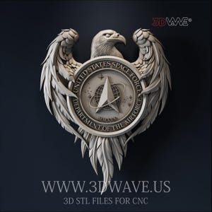 Peut inclure: Représentation tridimensionnelle détaillée de l'emblème de l'United States Space Force. L'emblème présente un aigle aux ailes déployées, tenant un sceau circulaire avec le logo et le texte de la Space Force. Le texte "UNITED STATES SPACE FORCE" et "DEPARTMENT OF THE AIR FORCE" sont visibles. L'adresse du site Web "WWW.3DWAVE.US" est également affichée.
