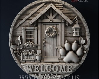 May include: A detailed, circular wooden plaque featuring a miniature house design. The house has a door with a wreath, a window, and a paw print. The word "WELCOME" is prominently displayed, along with the website address.