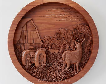 Boerderij Herten Tractor Schuur Houtsnijwerk STL | Rustieke cabine CNC-kunst (digitale download)