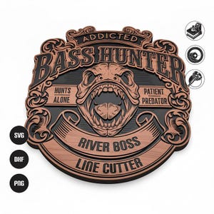 Letrero SVG tallado en madera / Insignia de caza de lubina Archivos CNC / Archivos cortados con láser y arte mural vectorial tallado / Descarga instantánea