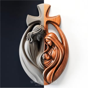 May include: A wall-mounted sculpture featuring a cross shape with a relief of a figure looking down at a person holding a baby. The left side is a matte gray finish, while the right side displays a warm wood grain texture. Text reads WWW.3DWAVE.US.