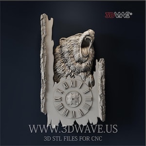 May include: A detailed, light-colored bear head sculpture with an open mouth, integrated into a clock design. The clock face features Roman numerals. The design includes a bark-like border. The text "WWW.3DWAVE.US" and "3D STL FILES FOR CNC" are visible.