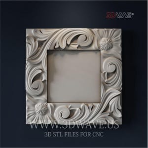 Könnte beinhalten: Ein quadratischer, cremefarbener dekorativer Rahmen mit kunstvollen, wirbelnden Blumen- und Blattmotiven. Der Rahmen hat eine zentrale quadratische Öffnung. Der Text "3DWAVE.US" und "3D STL FILES FOR CNC" sind sichtbar.