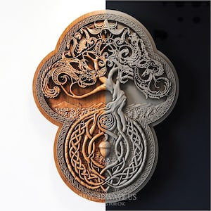 May include: A circular wooden wall plaque featuring a relief carving of a tree with intertwined dragon branches and Celtic knot roots. The design includes an acorn at the centre and the text 3DWAVE.US FILES FOR CNC at the bottom edge.