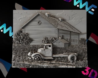 Vintage Car & Barn 3D Model | CNC Wall Art (STL Digital Download)