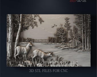 3d Deers in Forest STL File: CNC Carving Template, Wood Wall Art (Digital Files)