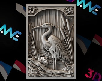Heron CNC Wall Art 3D Model | Nature Scene (Digital Download)