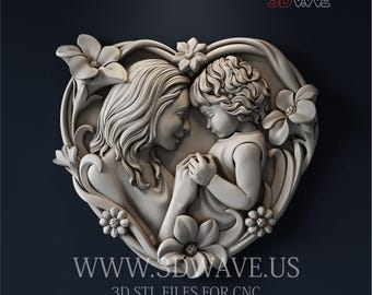 May include: A detailed, off-white relief sculpture of a mother and child within a heart-shaped frame, surrounded by floral accents. The figures are holding hands, with the text "WWW.3DWAVE.US" and "3D STL FILES FOR CNC" at the bottom.