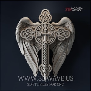 Puede incluir: Representación 3D detallada de una cruz con alas de ángel. La cruz presenta intrincados nudos celtas y una espada. Las alas están extendidas y el diseño está sobre un fondo oscuro. El texto "WWW.3DWAVE.US" y "3D STL FILES FOR CNC" son visibles.