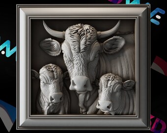 Modelo 3D CNC de familia de vacas / Decoración de pared de granja (Descarga digital STL)