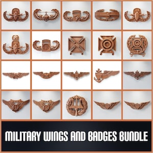 May include: A selection of carved wooden military wings and badges. The image showcases diverse designs, including wings, emblems, and insignia, all in a natural wood colour. The text at the bottom reads "MILITARY WINGS AND BADGES BUNDLE."