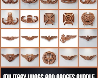 May include: A collection of intricately carved wooden military wings and badges. The image features various designs, including wings, emblems, and insignia, all in a natural wood tone. The text at the bottom reads "MILITARY WINGS AND BADGES BUNDLE."
