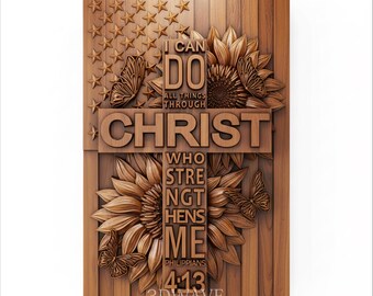 Cruz com a Bandeira Americana em STL | Arte de Parede Filipenses 4:13, Modelo 3D para CNC