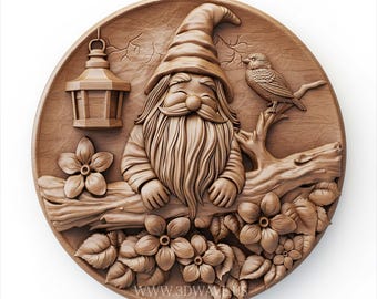 Round Gnome Relief Wall Art | CNC Router Files STL for Wood Carving