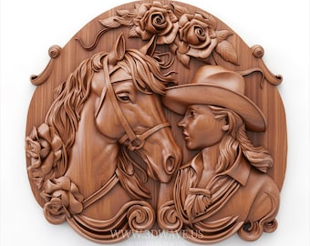 Cowboy CNC-Datei | 3D-STL-Modell für Holzschnitzerei | Cowgirl & Pferd Modell (Digitaler Download)
