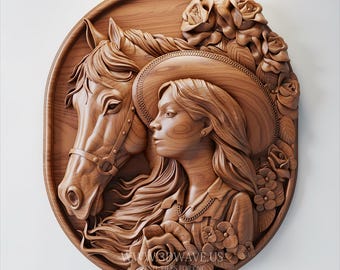 Cowboy CNC-Datei | 3D-STL-Modell für Holzschnitzerei | Cowgirl & Pferd Modell (Digitaler Download)