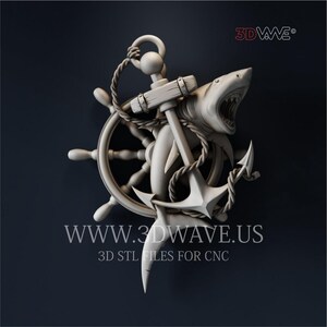 Shark on Anchor | Sea | 3d STL File - CNC Carving Template, Wall Art, Home Decor, Sculpture, Vectric Aspire, Woodworking Project | Digital