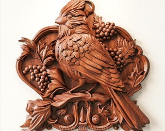 Escultura de madera de pájaro cardenal (archivo STL/CNC) para decoración de pared (descarga digital)