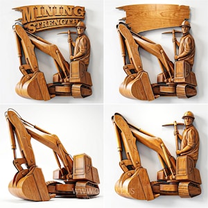 Peut inclure: Une décoration murale en bois sculpté représentant une excavatrice et un ouvrier portant un casque de chantier et tenant une pioche. Le motif inclut le texte MINING STRENGTH. La sculpture présente des textures de grain de bois naturel.