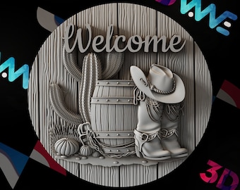May include: A round, gray wooden sign with a Western theme. The sign features a cactus, barrel, cowboy boots, and a hat. The word "Welcome" is written across the top.