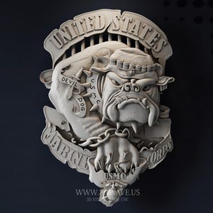 May include: A 3D-rendered relief sculpture featuring a bulldog, a clenched fist, and the text "United States Marine Corps." The bulldog wears a hat and is chained to the fist. The words "Devil Dog" are also present.