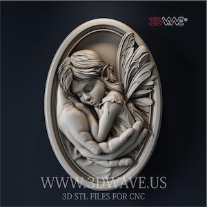 May include: A detailed relief sculpture of a sleeping fairy cradled in a hand, set within an oval frame. The fairy has delicate wings and is wearing a dress. The sculpture is in a neutral color, with the text "WWW.3DWAVE.US" and "3D STL FILES FOR CNC" at the bottom.