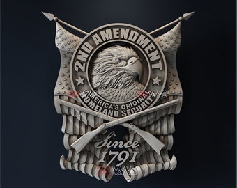 May include: A detailed, three-dimensional relief sculpture in shades of gray. The design features an eagle within a circular frame that reads "2ND AMENDMENT". Below, crossed rifles and the text "Since 1791". The words "America's Original Homeland Security" are also present.
