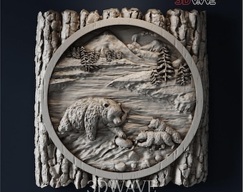 Bears Fishing 3D Model STL | CNC Wood Carving, Wildlife Relief (Digital Download)