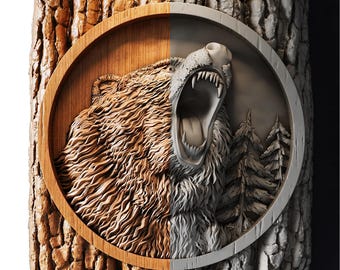 Bear STL File | Roaring Grizzly Bear Relief CNC Model | Wood Carving Router Digital Download