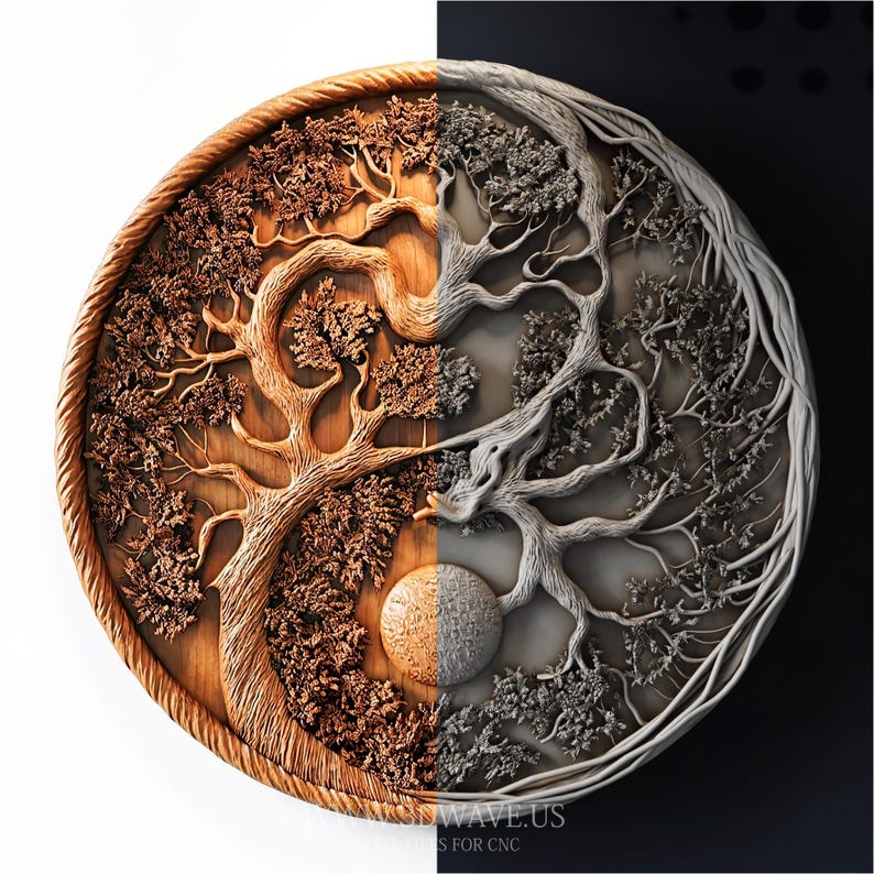 Round tree carving tree of life stl wood carving stl for CNC wall decor