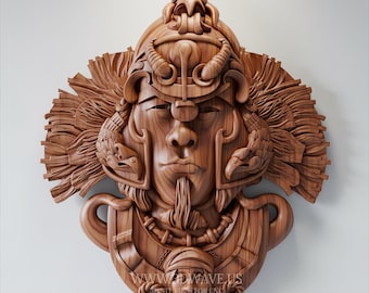Aztekisk krigarmask CNC-relief STL | Quetzalcoatl tribal träsnideri digital nedladdning