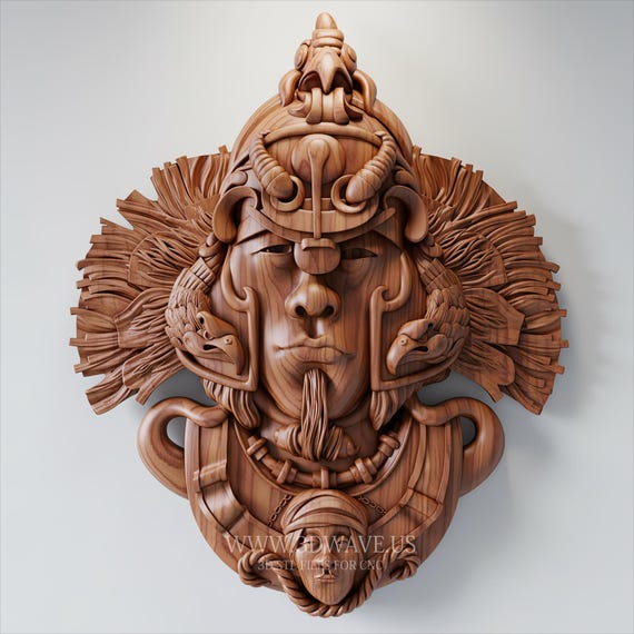 Aztec Warrior Mask CNC Relief STL | Quetzalcoatl Tribal Wood Carving Digital Download