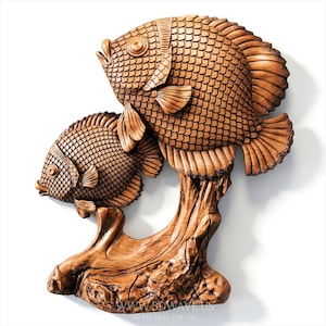 Puede incluir: Una detallada escultura de madera de dos peces, uno encima del otro, montada sobre una base de madera tallada. Los peces tienen escamas y aletas texturizadas, y la escultura está acabada en un tono de madera cálido y natural. La base está intrincadamente tallada.