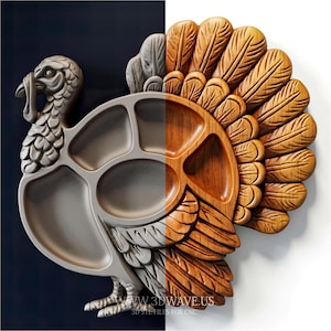 May include: A turkey-shaped serving platter with multiple compartments. One side is light grey, the other a natural wood finish. The turkey's tail feathers are intricately carved. The design is suitable for serving snacks or appetizers at a festive gathering.