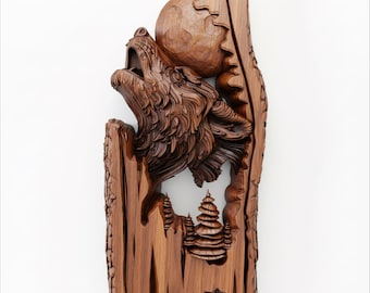 Howling Wolf Wood Carving | 3D CNC STL Model, Wolf Wall Art Decor