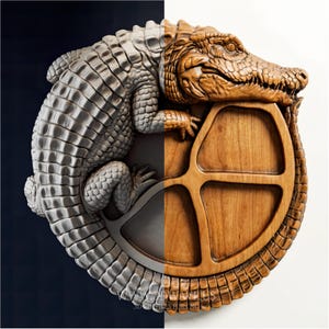 May include: A detailed wooden carving of an alligator encircling a wooden serving tray. The alligator is half gray and half brown, with intricate scale and texture details. The tray has a four-section design. The background is split between dark blue and white.