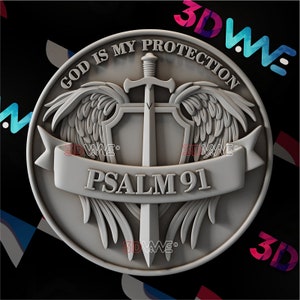 May include: A circular emblem with the text "GOD IS MY PROTECTION" and "PSALM 91". The design features a sword, wings, and a banner. The emblem is a light grey colour.
