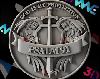 Pode incluir: Um emblema circular detalhado com o texto "GOD IS MY PROTECTION" e "PSALM 91". O design apresenta uma espada, asas e uma faixa. O emblema é de cor cinza claro.
