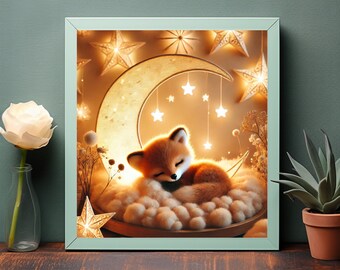 May include: A cute orange fox sleeps peacefully on a fluffy cloud bed inside a crescent moon. The moon is surrounded by twinkling stars and lights.