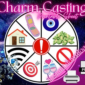 May include: A digital printable sheet labelled "Charm Casting" with a circular design divided into segments. Each segment features a different symbol, including a house, a mobile phone, an evil eye, money, a no symbol, a target, two wine glasses, and a wifi symbol.