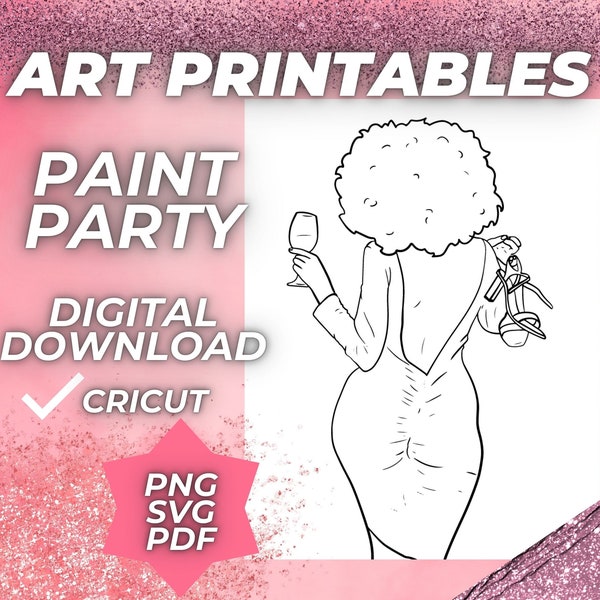 Wine and Sip Woman Sip and Paint party kit - Paint Party kit - Predrawn canvas printables or coloring page