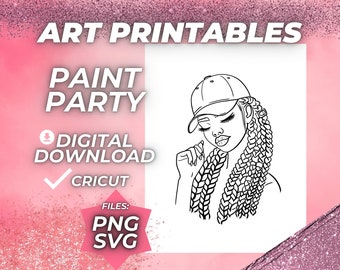 Afro Paint and Sip SVG Pre drawn Outline Canvas Pre Sketched Art Party Drawing for canvas. Diy Paint kits. Instant Download PNG