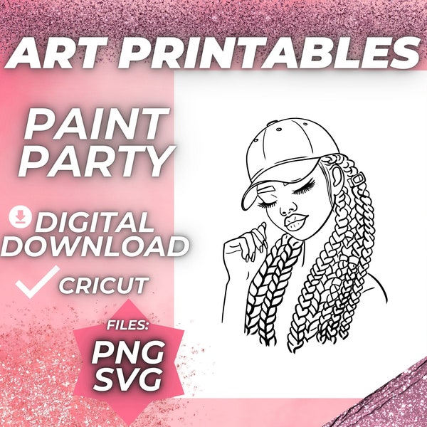 Afro Paint and Sip SVG Pre drawn Outline Canvas Pre Sketched Art Party Drawing for canvas. Diy Paint kits. Instant Download PNG