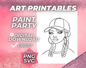 Afro Paint and Sip SVG Pre drawn Outline Canvas Pre Sketched Art Party Drawing for canvas. Diy Paint kits. Instant Download PNG