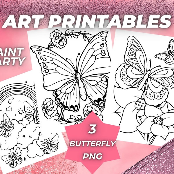 3 Butterfly Paint and Sip Diy Paint kits Pre drawn Outline Canvas Adult Painting Pre Sketched Drawing for canvas. PNG Digital Download