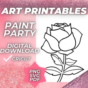 Rose Pre Printed Canvas Painting Prints, Floral Outline Svg, Sip and Paint Coloring Pages PDF, Teens Adults & Kids PNG