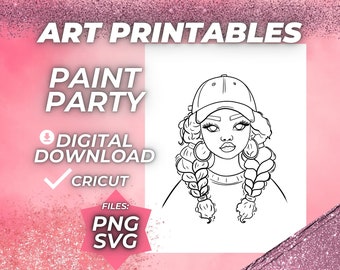 Afro Paint and Sip SVG Pre drawn Outline Canvas Pre Sketched Art Party Drawing for canvas. Diy Paint kits. Instant Download PNG